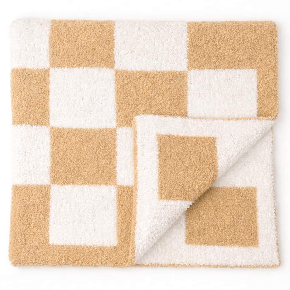 Image of L+L USA Checkered Baby Blanket 28 inchx40 inch - DreamSoft Knit Throw for Crib, Stroller or Car Seat - Soft Blanket /Newborn Nursery Gift Essential for Toddler, Infant, Kids, Boys & Girls (Tan /White)