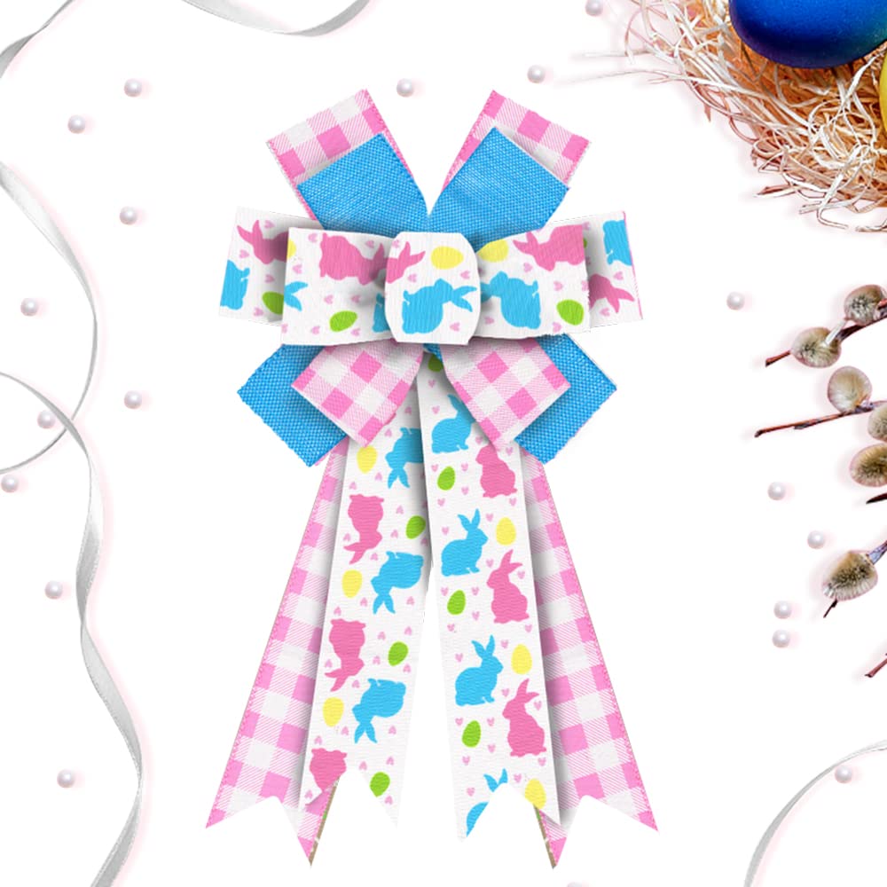 Easter Wreath Bows Easter Decor Bows Pink Blue Rabbits Plaid Burlap Bows for Wreath, Easter Day Bunny Ribbon Bows Easter Tree Topper Bows for Indoor Outdoor Decoration Wreath Ornament Supplies