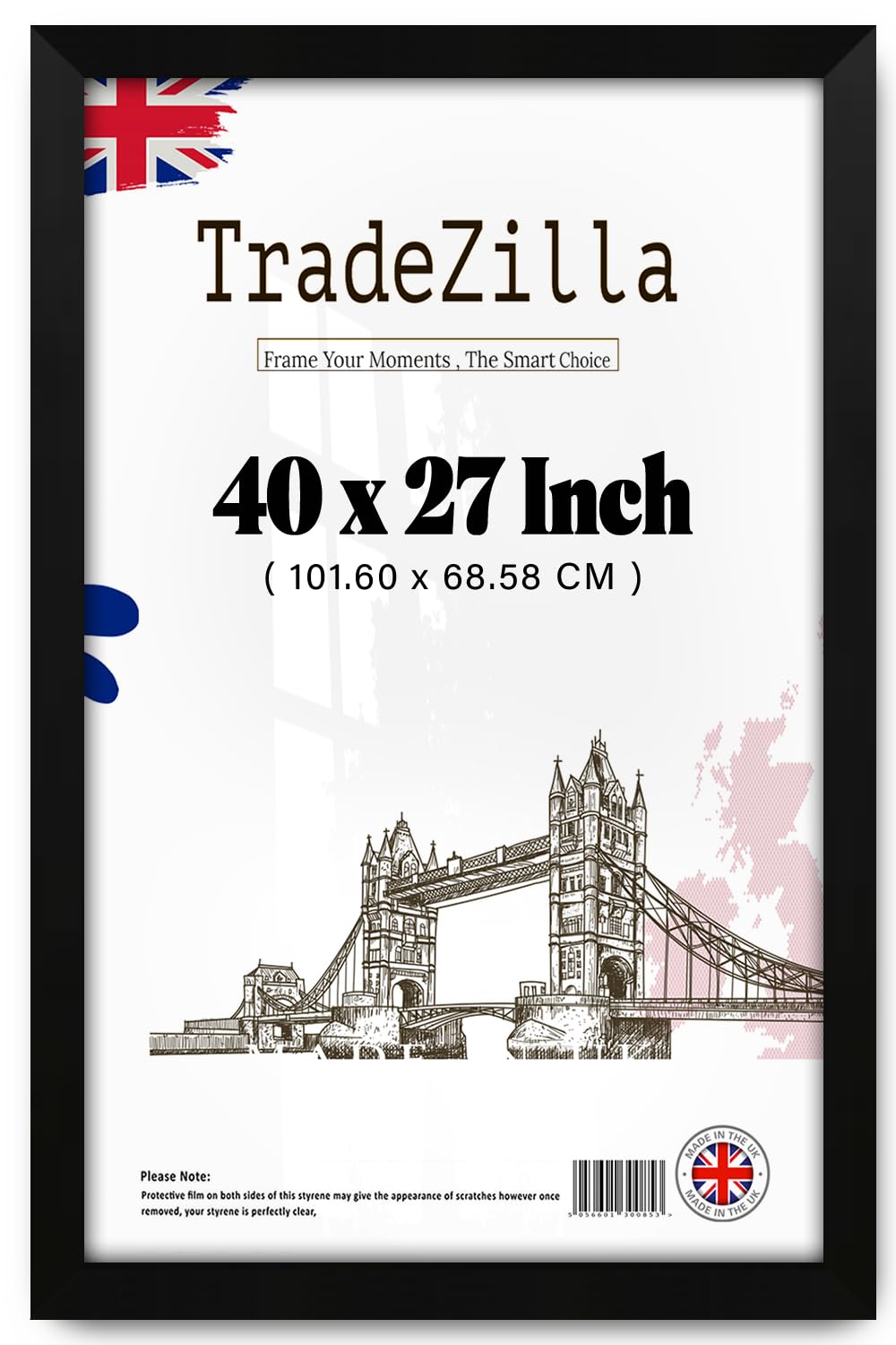 TradeZilla | MDF Wood Poster Frame (101.60 x 68.58 CM) Modern Wall Décor Frame for Art & Home Interiors, Durable MDF Build, Hanging Hooks Included for Easy Mounting [ Matt Black ]