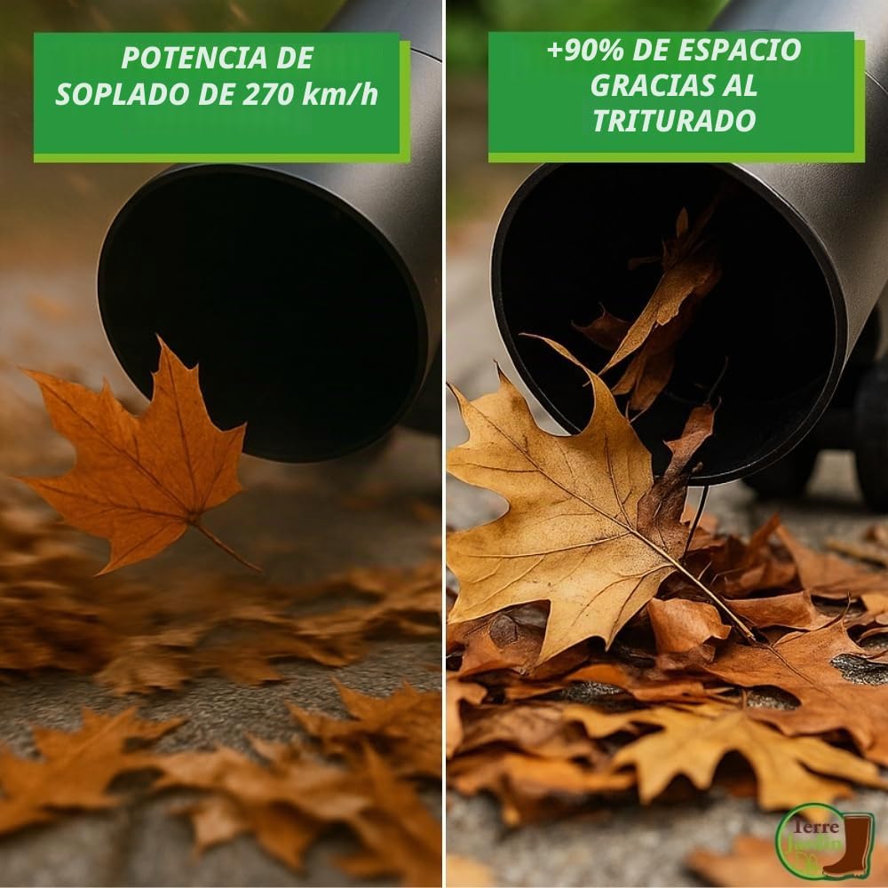 Aspirador Soplador Triturador Eléctrico 3 en 1 de 3000 W, 270 km/h – Bolsa de 45 L – Reduce en un 90% el Volumen de Residuos y Hojas – Confort Ergonómico – Uso Prolongado Sin Esfuerzo