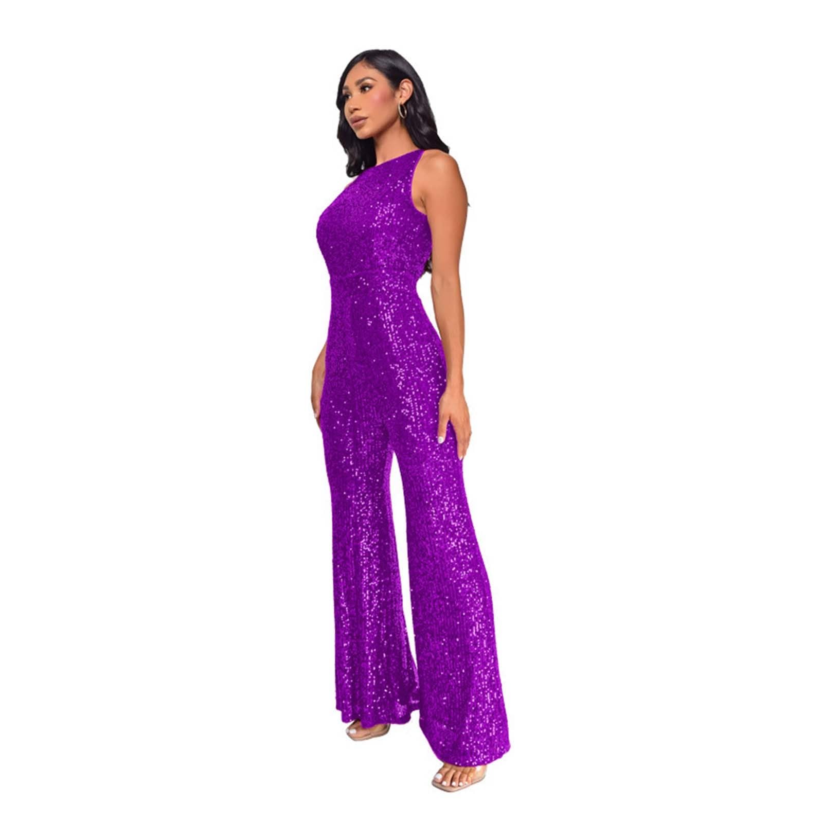 Combinaisons Femme à Paillettes- Combinaison Mariage Femme Coupe AjustéE Col Rond sans Manches Taille Haute Jumpsuit Couleur Unie Pas Cher pour SoiréE Bal De Fin D'AnnéE Une PièCe Sequins Bodysuit