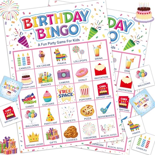 jkhycf Birthday Bingo Game for Kids, 24 Players Bingo Board Cards Perfect for Kids Happy Birthday Parties Classroom and Family Large Group Game Night Party Activity Favors