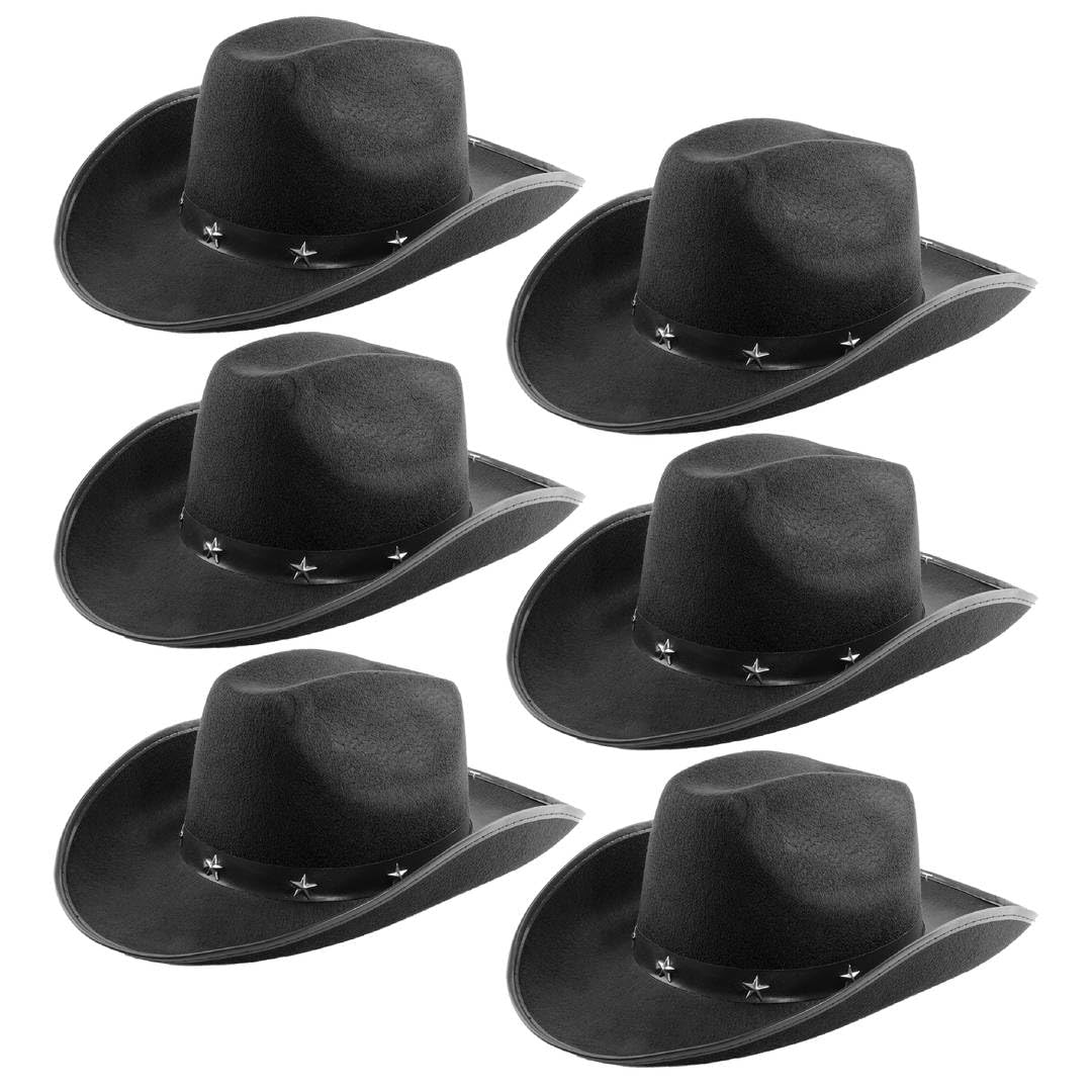 Eurovision - Sombreros de vaquero negros - Paquete de 6 sombreros de vaquero de fieltro con estrella - Divertidos accesorios de disfraces del salvaje oeste para despedidas de soltera, festivales