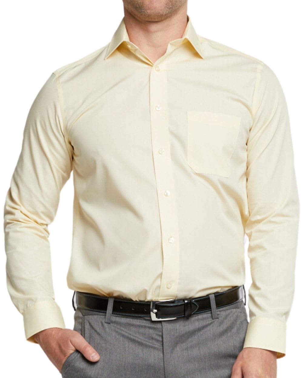 Double Two Men's Pale Lemon Long Sleeve Plain Formal Shirt Non Iron Classic Fit Business Dress Shirt - Lemon, 17In Colour