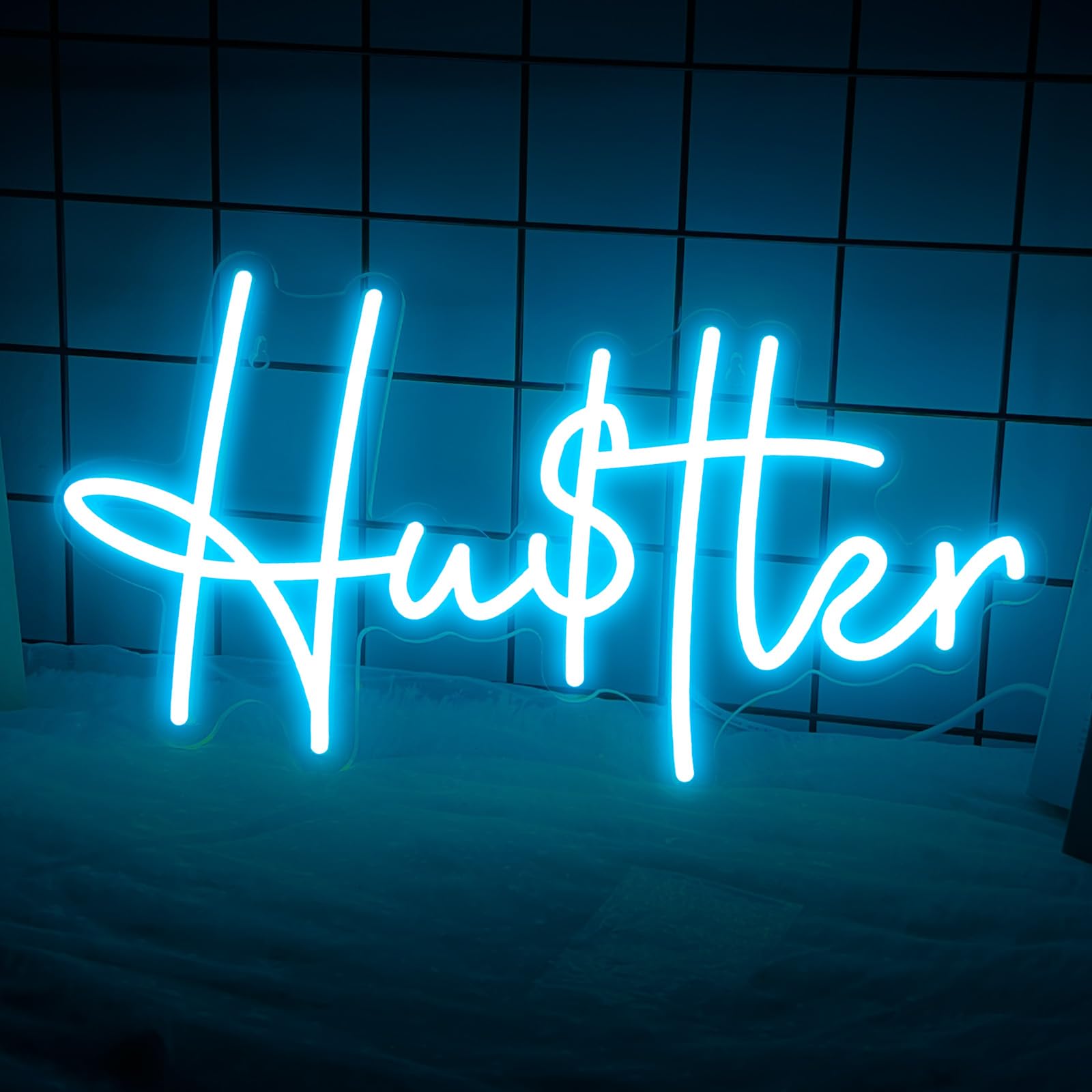 Hustle Neon Sign Dimmable Blue LED Hustler Neon Light Sign for Wall Decor Party Decorations, USB Powered Cool Neon Lights for Gym Room Man Cave Decor, Gifts, 15.75"×8.27"