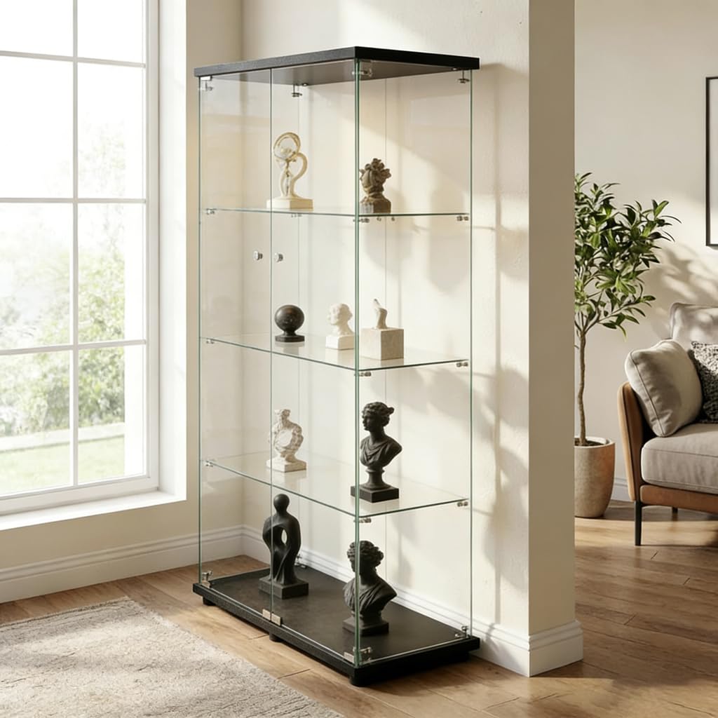 Vitrina de Cristal de 2 Puerta, 4 Niveles con Cerradura, Armario de Almacenamiento con Espejo, para coleccionables, Juguetes (B1-Negro-sin luz)