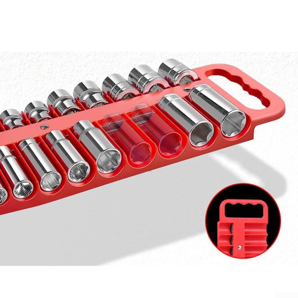 Vassoio organizer magnetico con ABS resistente e doppie strisce magnetiche per prese SAE e metriche da 1/4 3/8 1/2 pollici, rosso/nero (rosso)