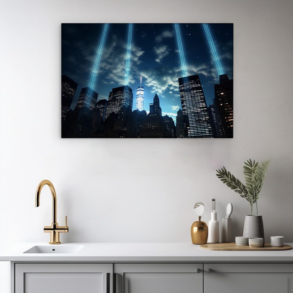 Canvas for Living room. Illuminated Majesty: New York City's Nighttime Skyline with Freedom Tower at Its Heart, 27 x 18 inch Canvas Wall Art - Ready to Hang - 69x46 cm (27x18 inch)
