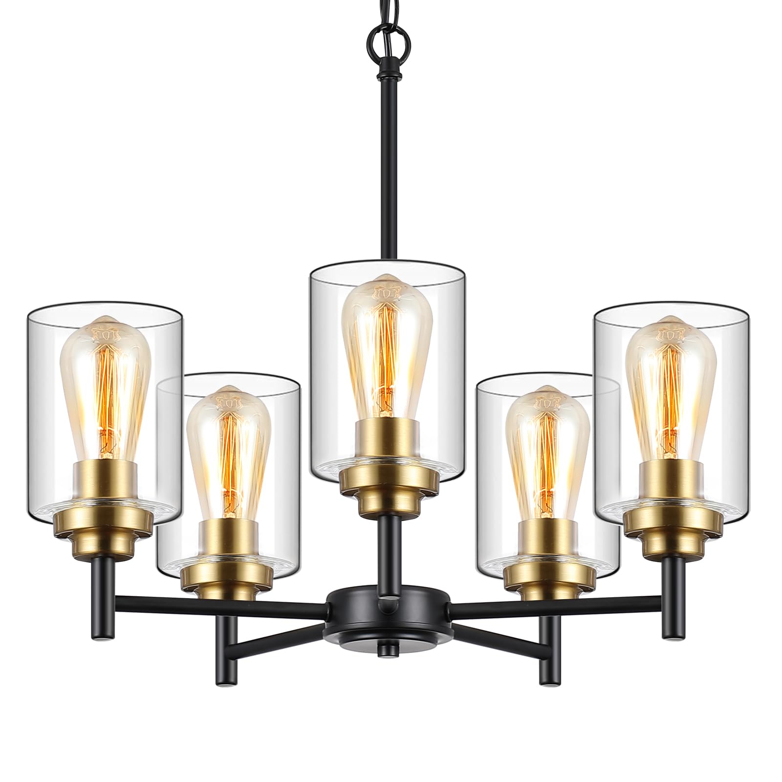 9MMML 5 Lights Glass Chandelier,Modern Kitchen Island Lighting Black and Gold Metal Dining Room Light Fixture for Living Room Foyer,E26