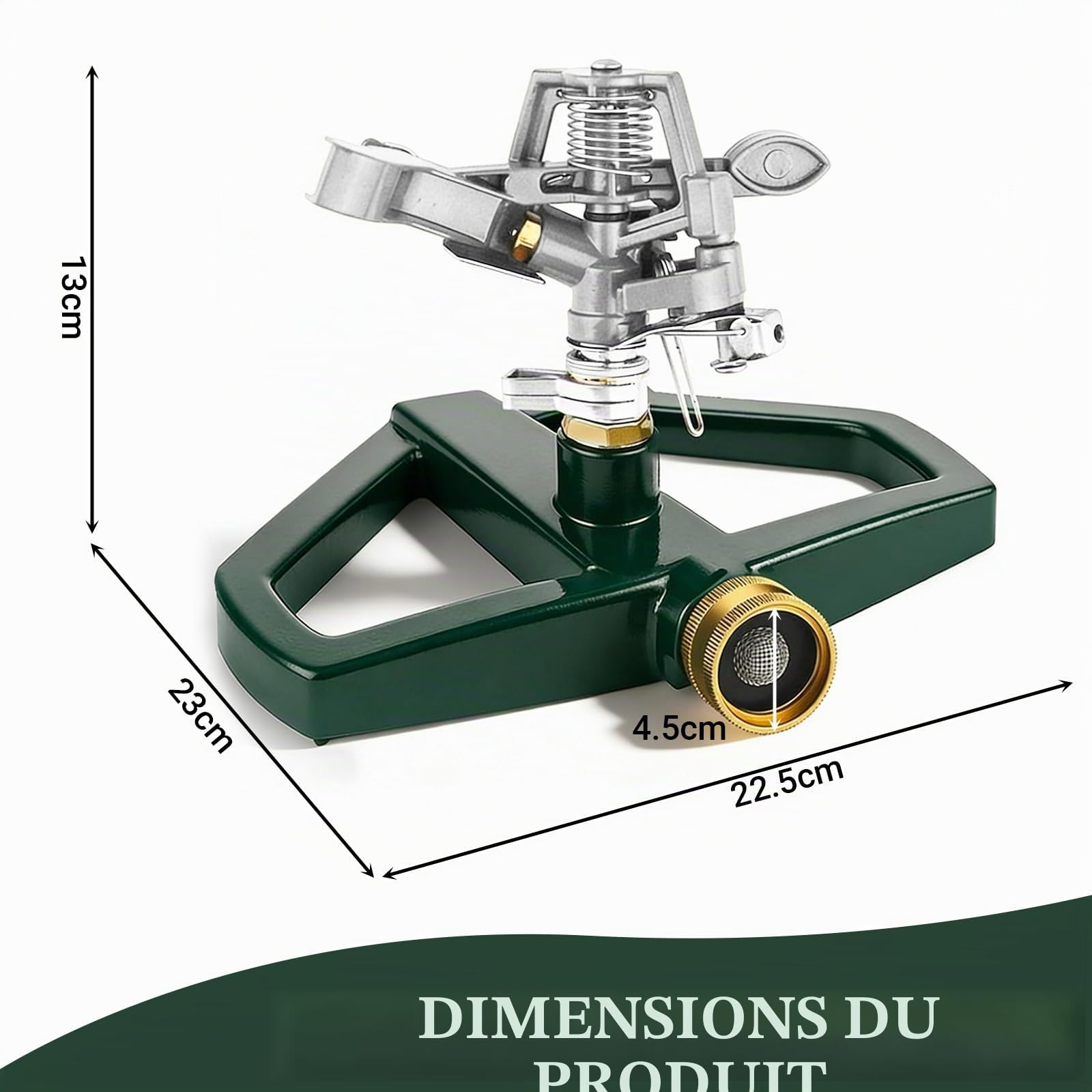 Arroseur Jardin avec Base Métallique, Arroseur Rotatif Automatique à 360°, Arroseur à Impulsions pour Grandes Surfaces, Asperseur Arrosage pour Pelouse, Cour et Arrosage de l'herbe (Argenté)