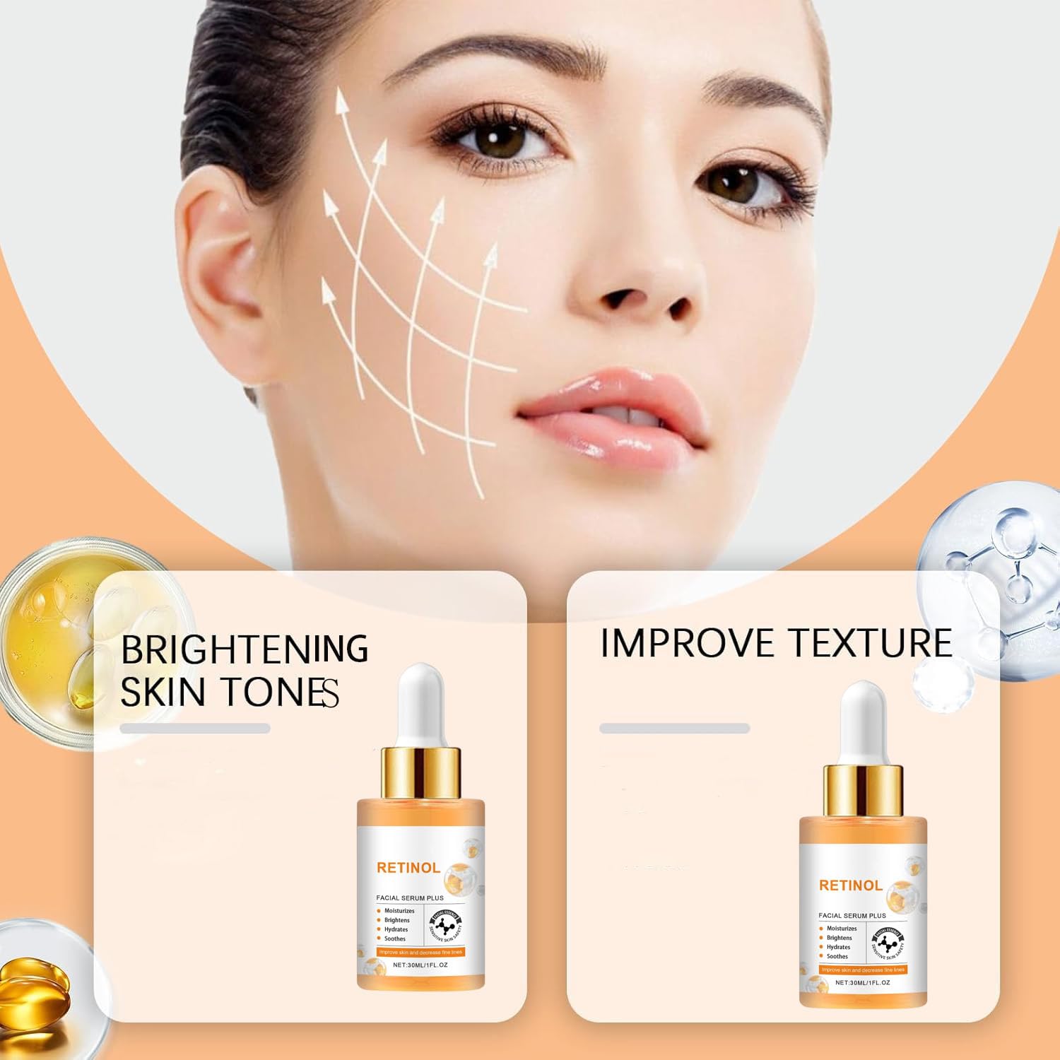 Retinolowe serum do twarzy, retinolowe przeciwstarzeniowe serum do twarzy, retinolowe serum do twarzy, retinolowe serum do twarzy, ujędrniające, nawilżające, rozjaśniające i wygładzające (6 szt.)