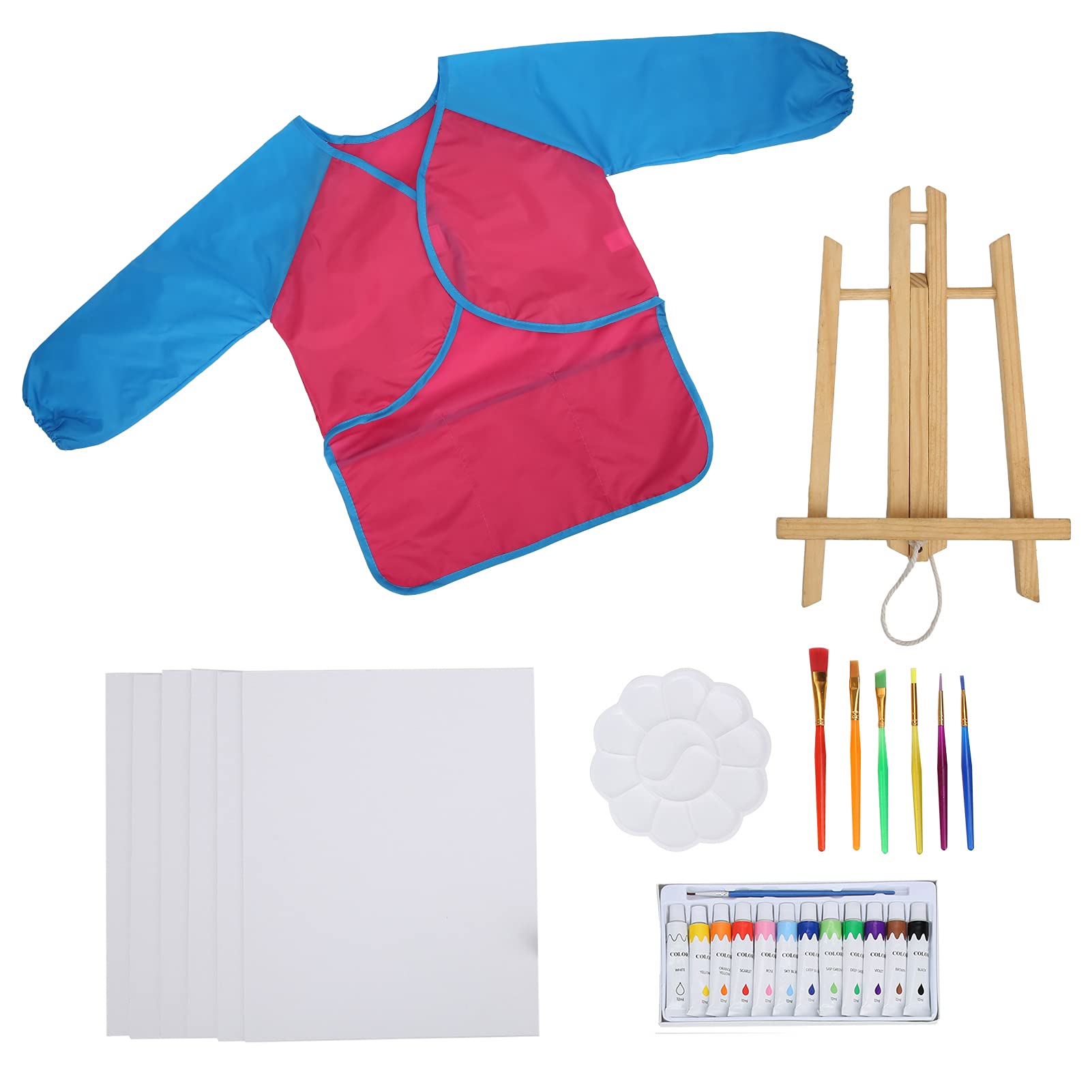 Juego de pintura acrílica para niños, kit de pintura artística para niños con caballete de madera, 12 colores vibrantes, 6 pinceles, bata, caballete de mesa portátil para el hogar (Rosa roja)
