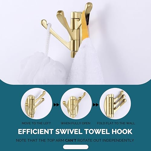Miniatura 3 de Angle Simple Paquete de ganchos giratorios para toallas de 3 brazos con gancho plegable para bata, 2 piezas (oro cepillado)