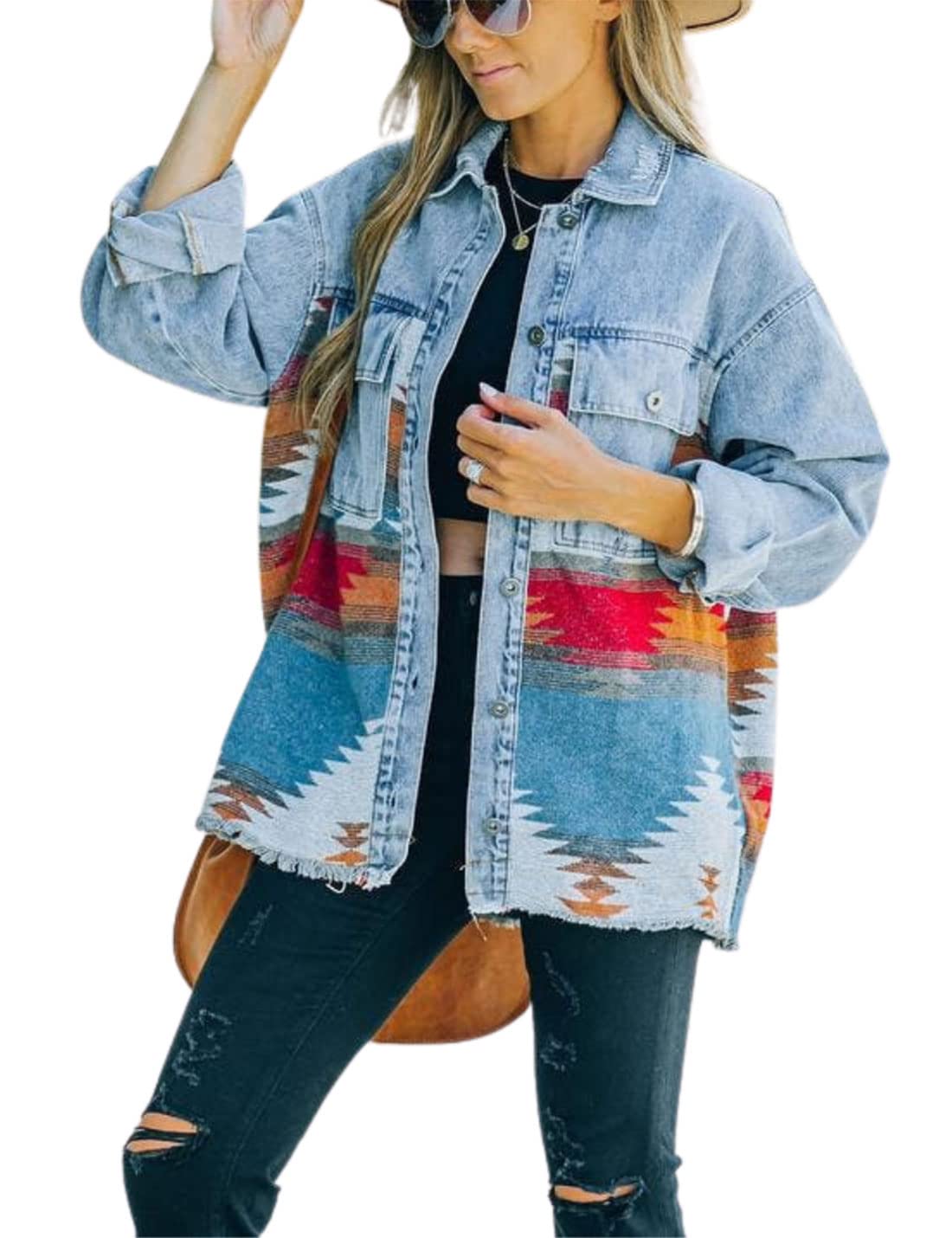 UnilexiWomen's Distressed Denim Jacket Aztec Print Jean Button Down Frayed Shacket