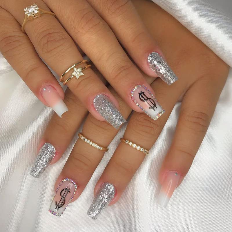 DOUBNINE Press On Nails Medium Coffin Dollar Sign Rich Silver Crystal French Ombre Full Cover Ballerina Exquisite False Fake Nails Artificial Nails