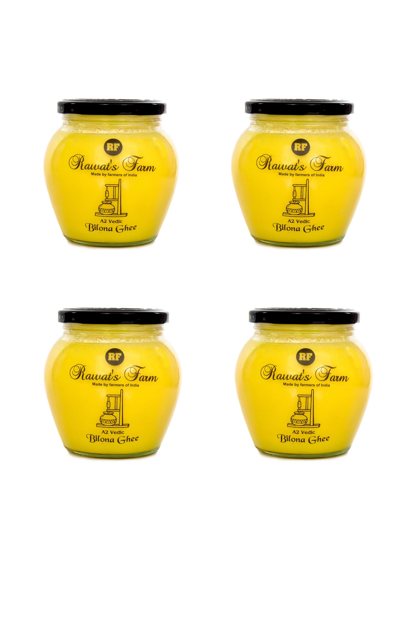 Rawat's Farm A2 Vedic Bilona Cow Ghee 500 ml (Pack of 4) | Glass Jar | Curd Churned Bilona Ghee | Government Laboratory Passed | 100% Natural | Immunity Booster | Good for Heart | (500 Ml ( Pack of 4))