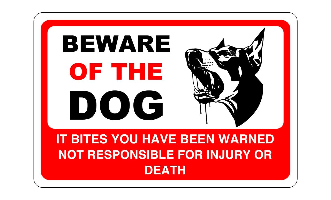 Safety First Display Ltd Red Beware Of The Dog It Bites You Have Been Warned Dog Sign - High Tack Self-Adhesive Sticker (200Mm X 150Mm) Viewing Distance Within 5M.