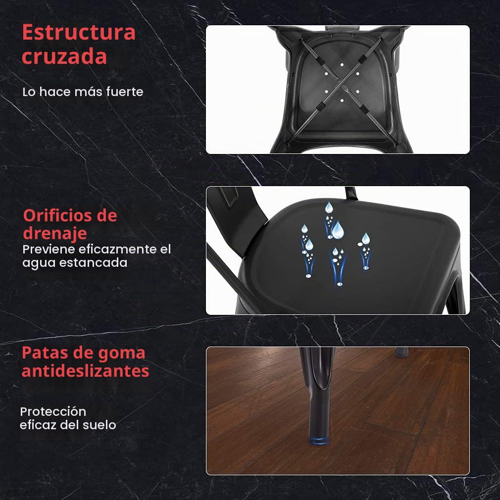 Juego de 8 Sillas de Comedor de Metal con Respaldo Apilable, Diseño Industrial de Estilo Vintage para Restaurante, Boda, Cafetería, Jardín (Negro)