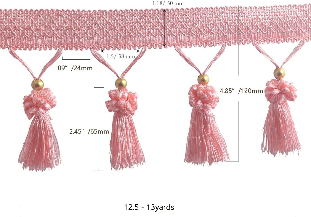 Fringe Tassel Lace Trim 12.5 Yards Braided Hanging Beads Handwork DIY Craft Sewing Accessory Lace for Home Curtain Table Decoration (Pink)