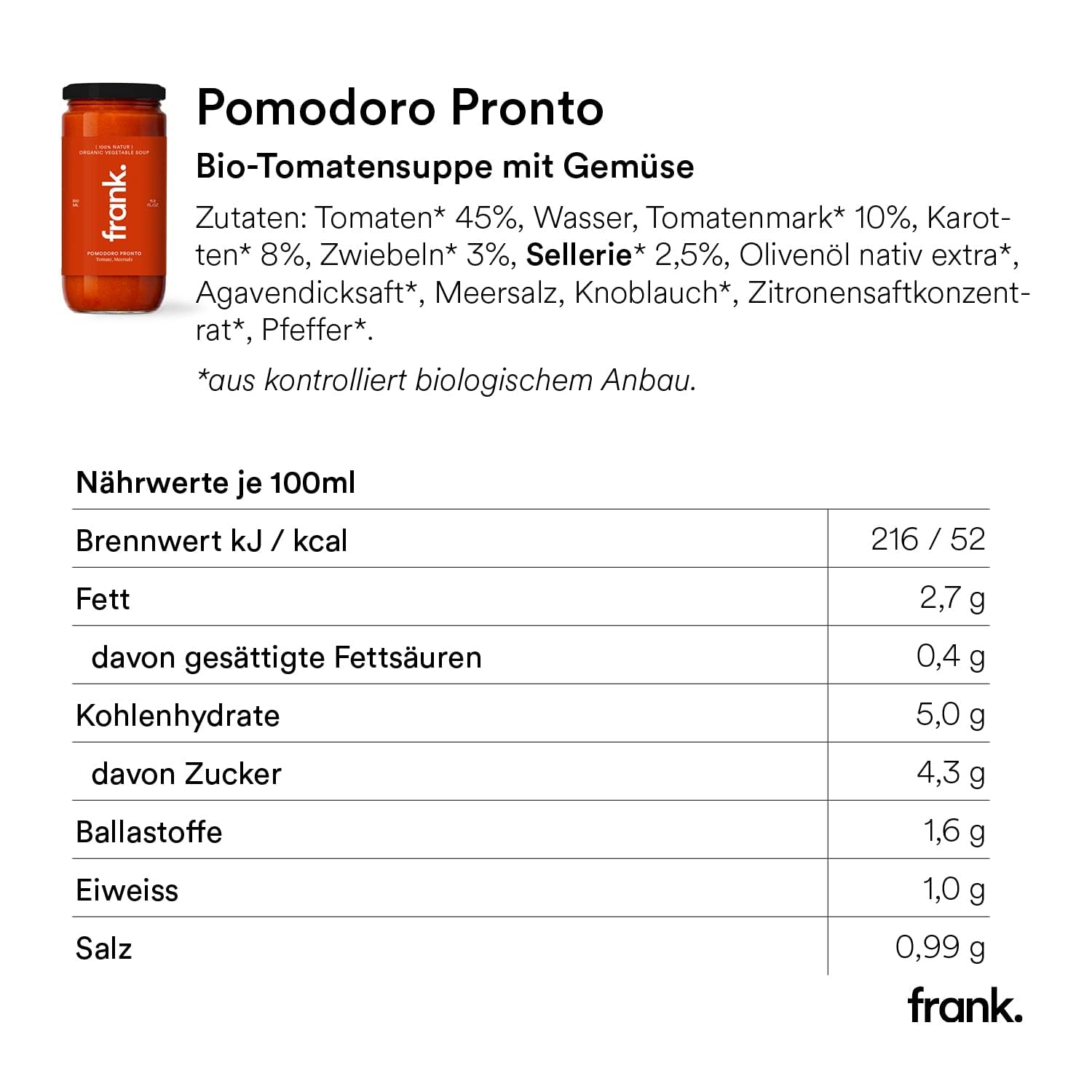 FRANK SOUP I Tomaten Suppe I 12 x 350ml I Bio Suppen Im Glas I Vegan & Bio Qualität I Aus Frischem Gemüse I Ohne Zucker Zusatz & Zusatzstoffe I Nachhaltig Verpackt I Clean Eating Geeignet