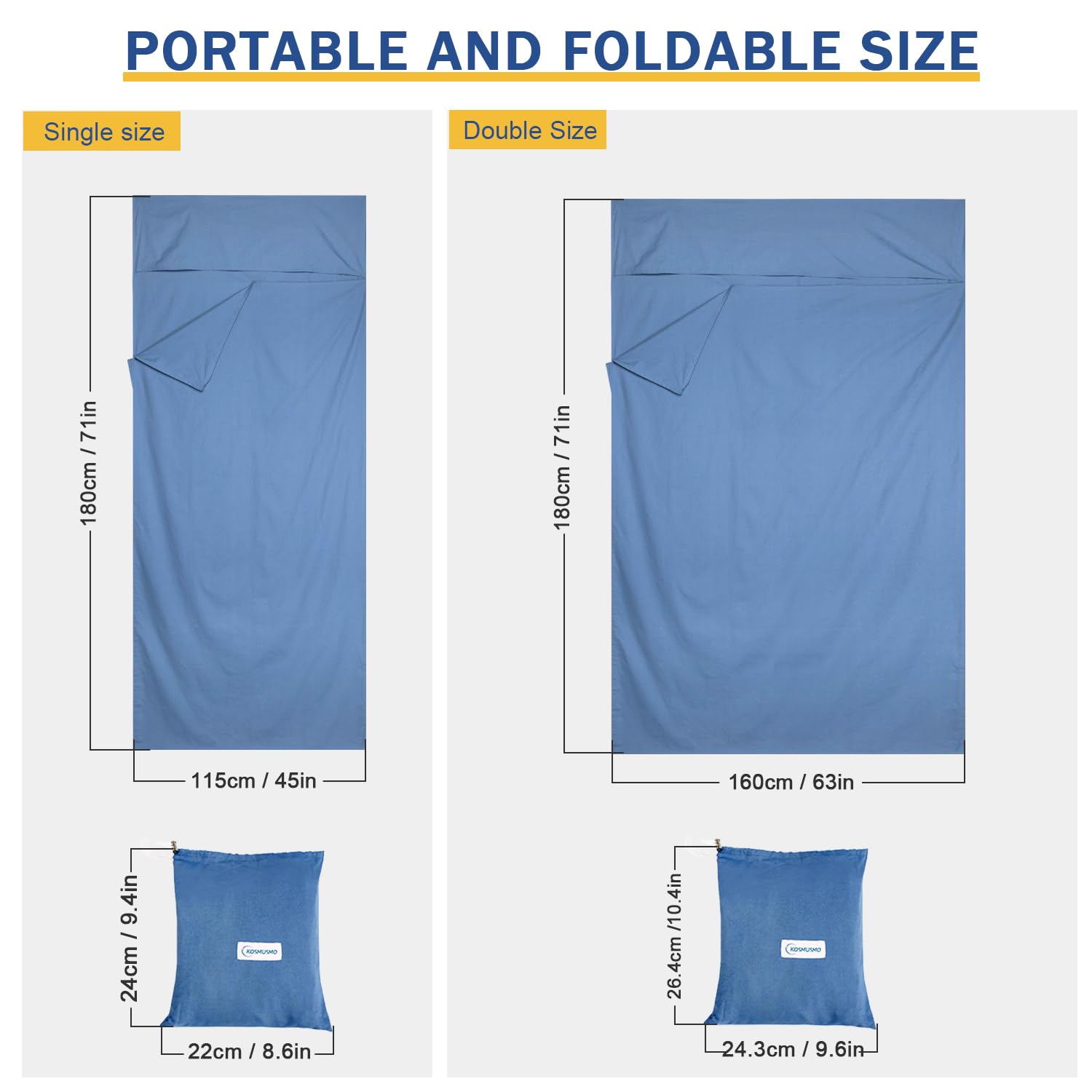 KOSMUSMO Sleeping Bag Liner, Ultralight Travel Sheet with Zipper and Compact Carry Bag, Portable Sleeping Camping Sheet, Soft Sleeping Bag Sack for Hotel, Hiking, Tenting, Camping