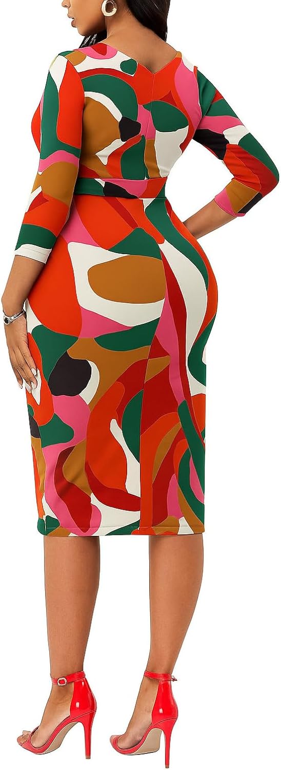 Bodycon Midi Dress for Women Church 3/4 Sleeve Work Dresses Elegant 2025 - Image 2