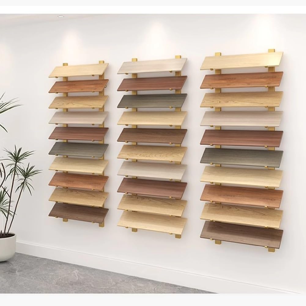 Présentoir de carreaux 10 niveaux en métal doré et bois de 20,5 cm pour showroom