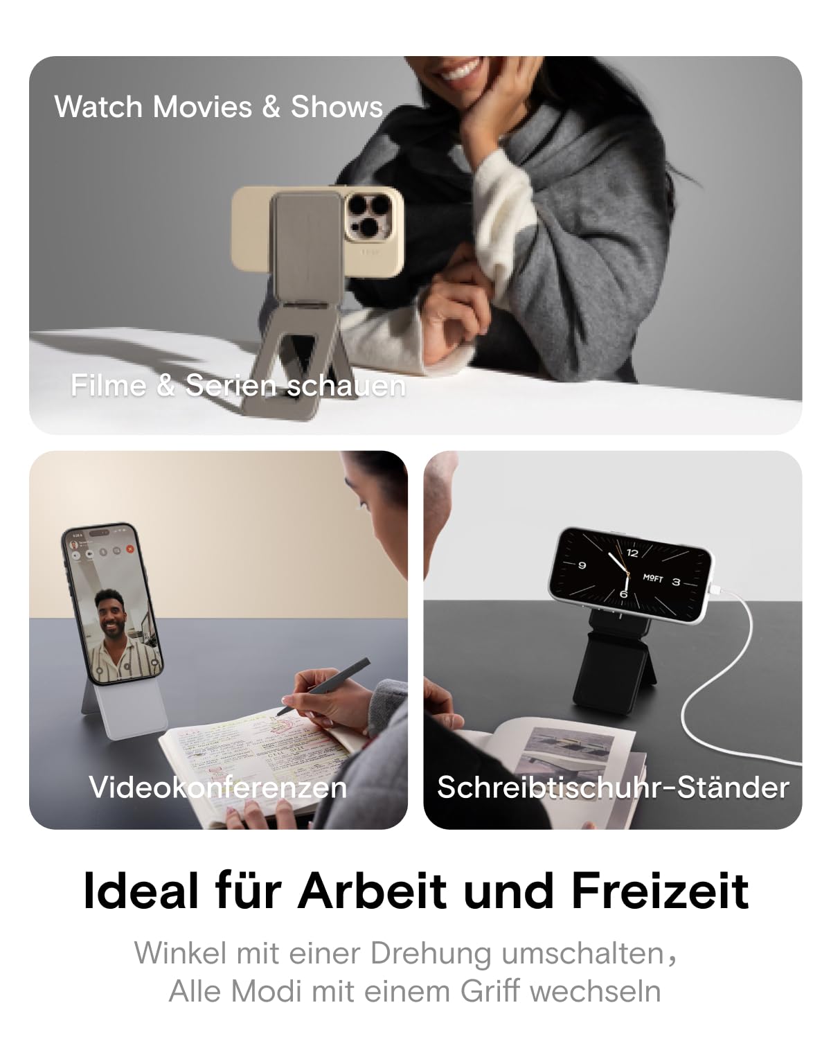 MOFT Stativ für iPhone 17/16/15/14/13/12 Serie, Snap Unsichtbarer Handy Stativ Ständer mit 3 Modi für Self-Vlogging, Browsen, Makrofotografie, Videoanrufe, Tragbarer Leichter Handy Ständer, Schwarz