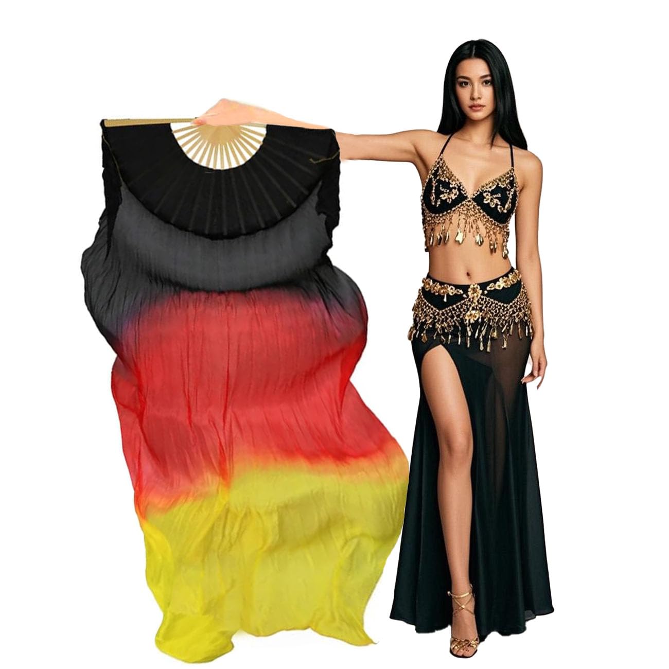 Aumulen Women 1 Piece Hand-made Real Silk Long Belly Dance Fan Veils(Right Hand Only)