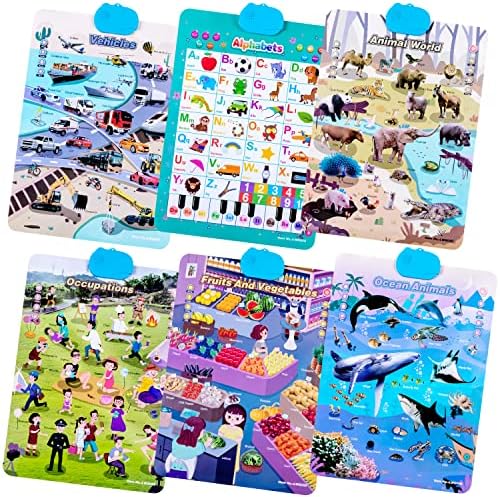 6PCS Electronic Alphabet Wall Chart,Talking Alphabet,Ocean Animals,Fruits Vegetables,Animals World,Occupation,Vehicles Poster,Kids Learning Preschool Educational Toys Birthday Gifts for Boys Girls