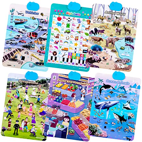 6Pcs Electronic Alphabet Wall Chart,Talking Alphabet,Ocean Animals,Fruits Vegetables,Animals World,Occupation,Vehicles Poster,Kids Learning Preschool Educational Toys Birthday Gifts For Boys Girls #TOP2