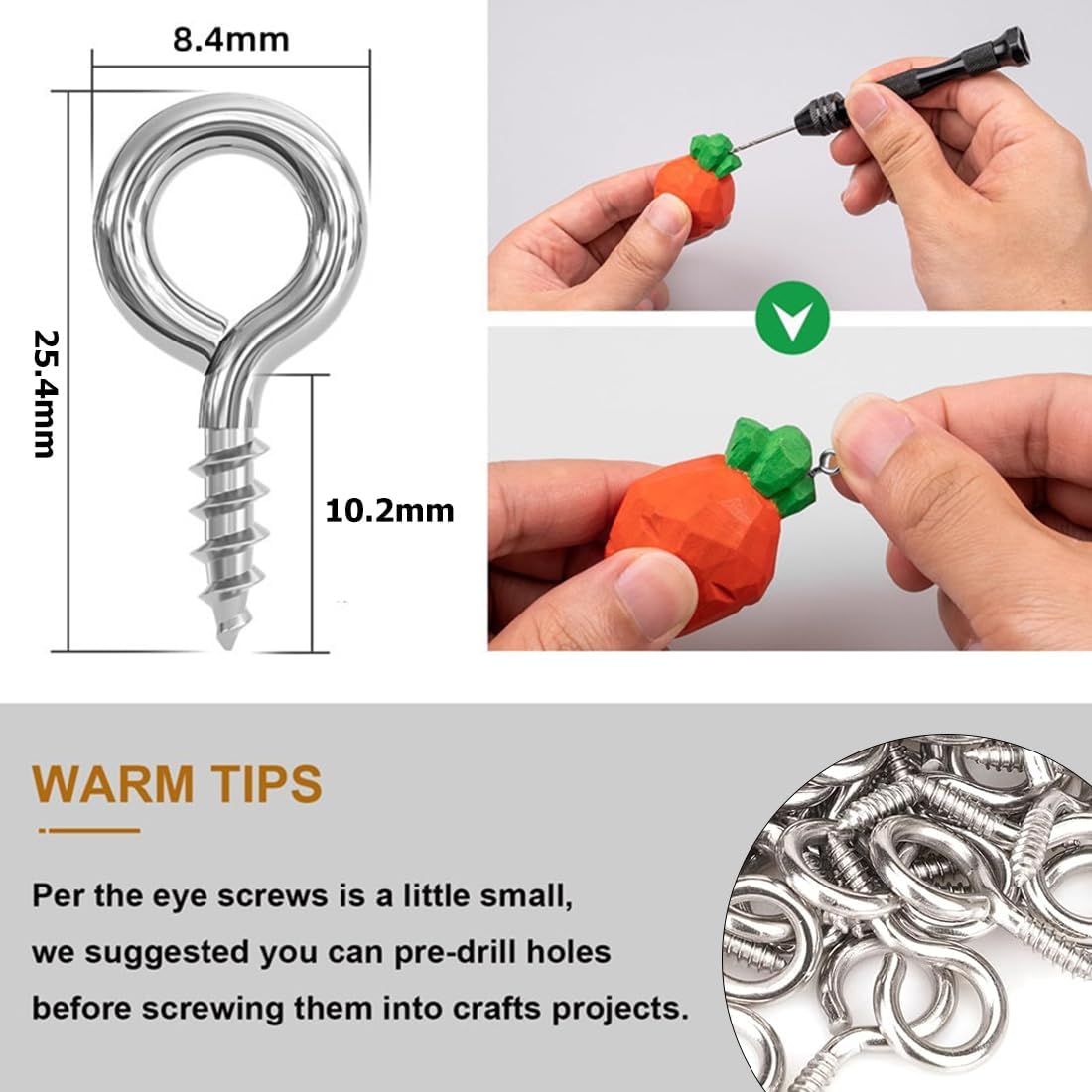 50Pcs 1 inch 304 Stainless Steel Eye Screws Heavy Duty Self Tapping Hooks Indoor Outdoor
