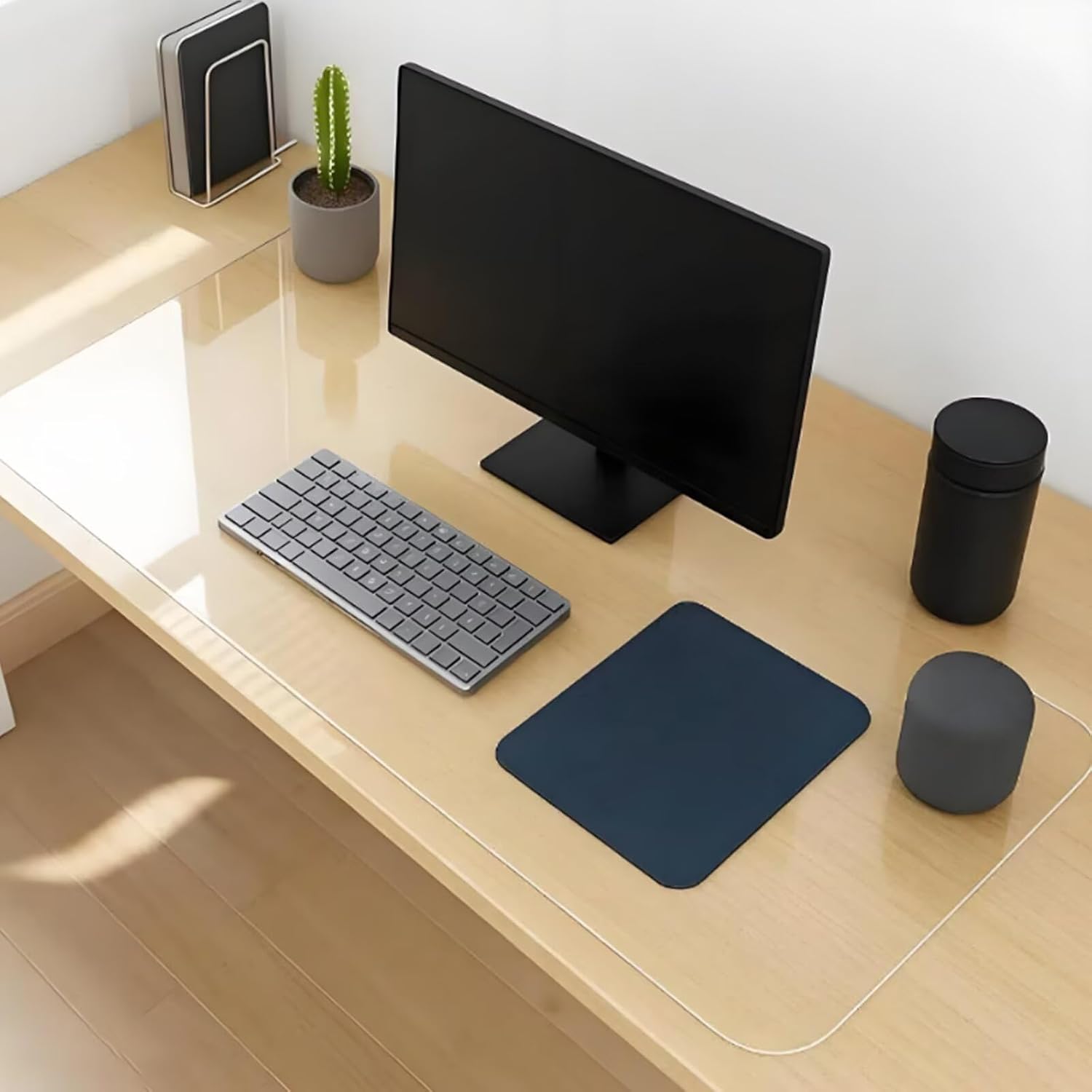 AHWEKR Clear Desk Mat Pad, 14in x 48in Large Transparent Computer Desk Mat Plastic Desktop Protector, PVC Writing Pad with Round Edge, Waterproof Wipeable Non-Slip Table Protector for Home Office