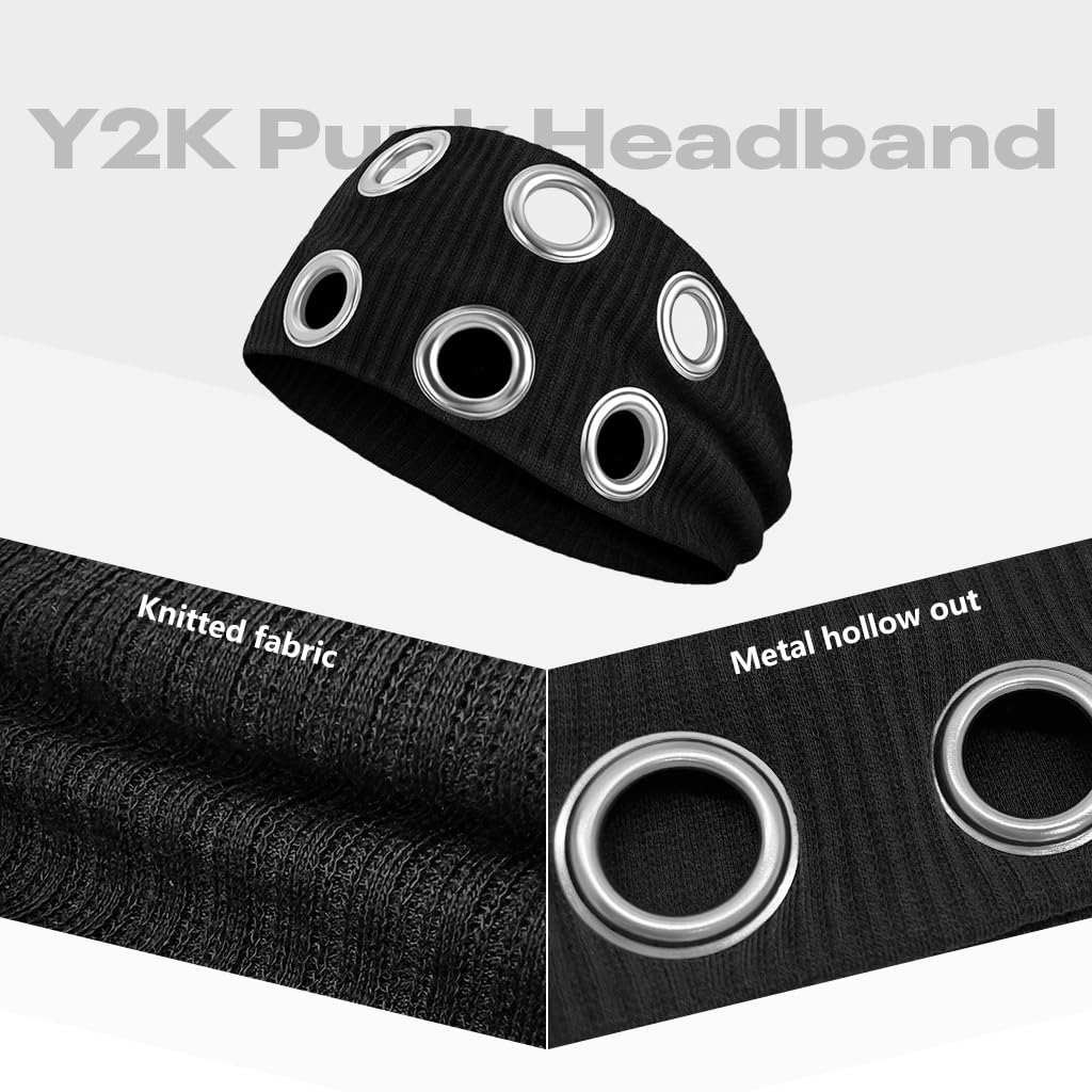 SANNIDHI® Hairband for Woman Black Hollow Out Eyelets Elastic Headbands Y2K Punk Grunge Fashion Wide Headpiece Grommet Eyelet Design Hair Band Stretchy Casual Hair Accessories for Woman 2