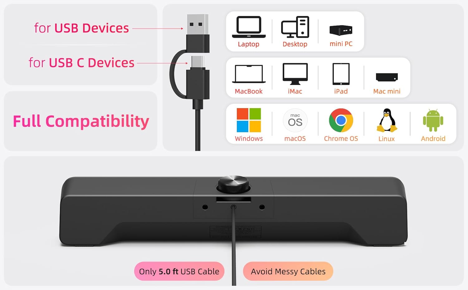 Computer Soundbar Speakers for Desktop PC Mac, USB Plug-in, Wired, External Speakers for Laptop Desk Monitor, RGB Gaming Sound bar with HD Stereo Loud Sound, Punchy Bass, Volume Knob, USB C Adapter - Image 5