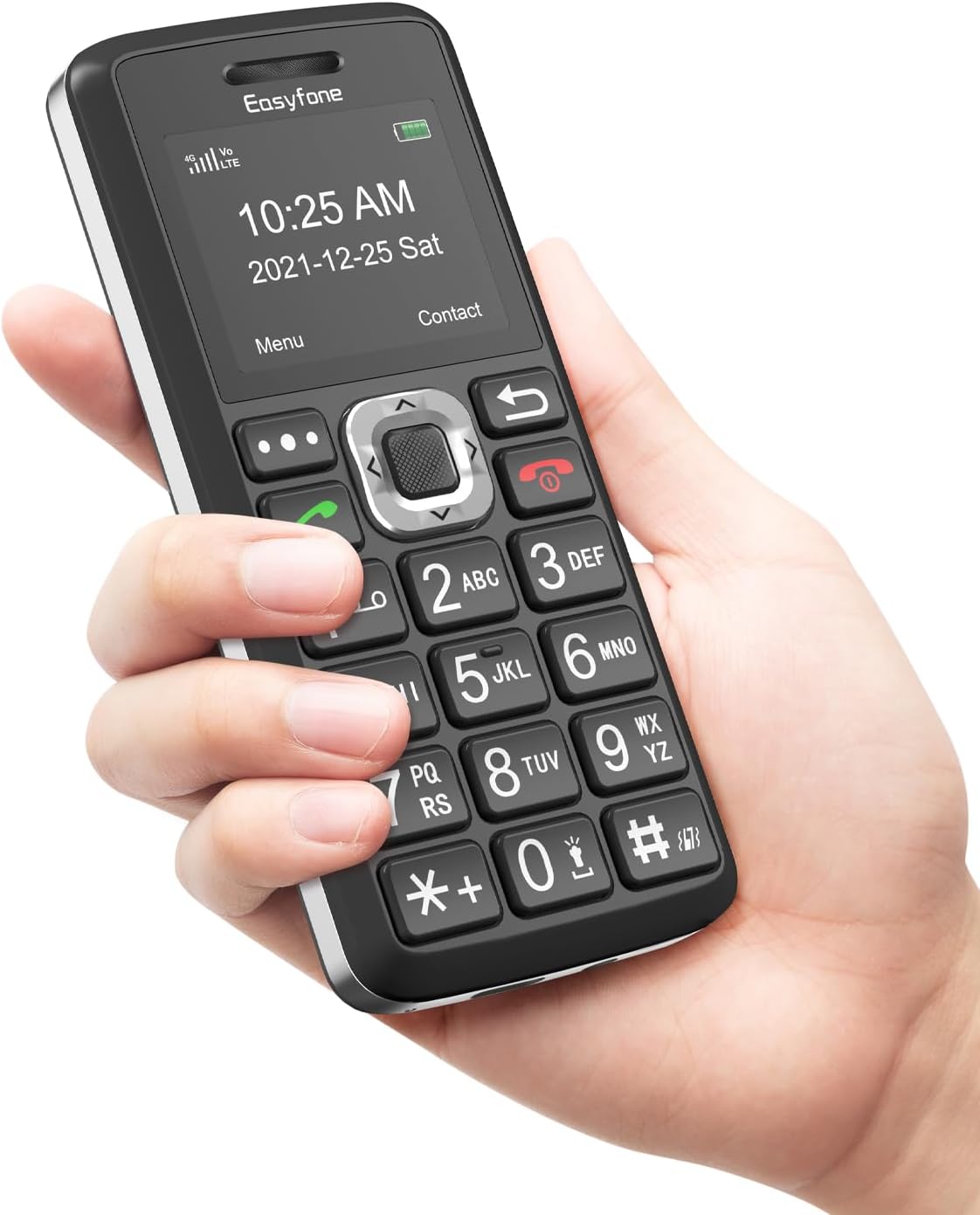 Easyfone T200 4G feature phone held in a hand, showing its large buttons and clear display.