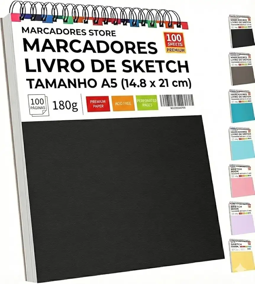 Caderno de Desenho A5, 100 Páginas, Papel 180g, Espiral - Marcadores Store - Para Sketchbook, Lettering, Pintura