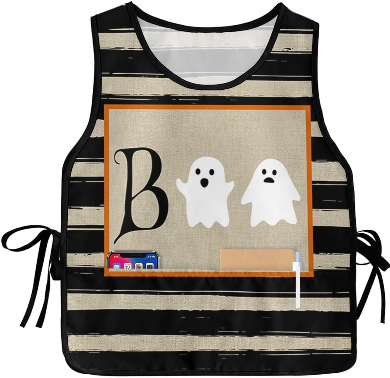 Halloween Cobbler Aprons with 2 Pockets for Women Men, Ghost Boo-Stripes Farmhosue Beige Black