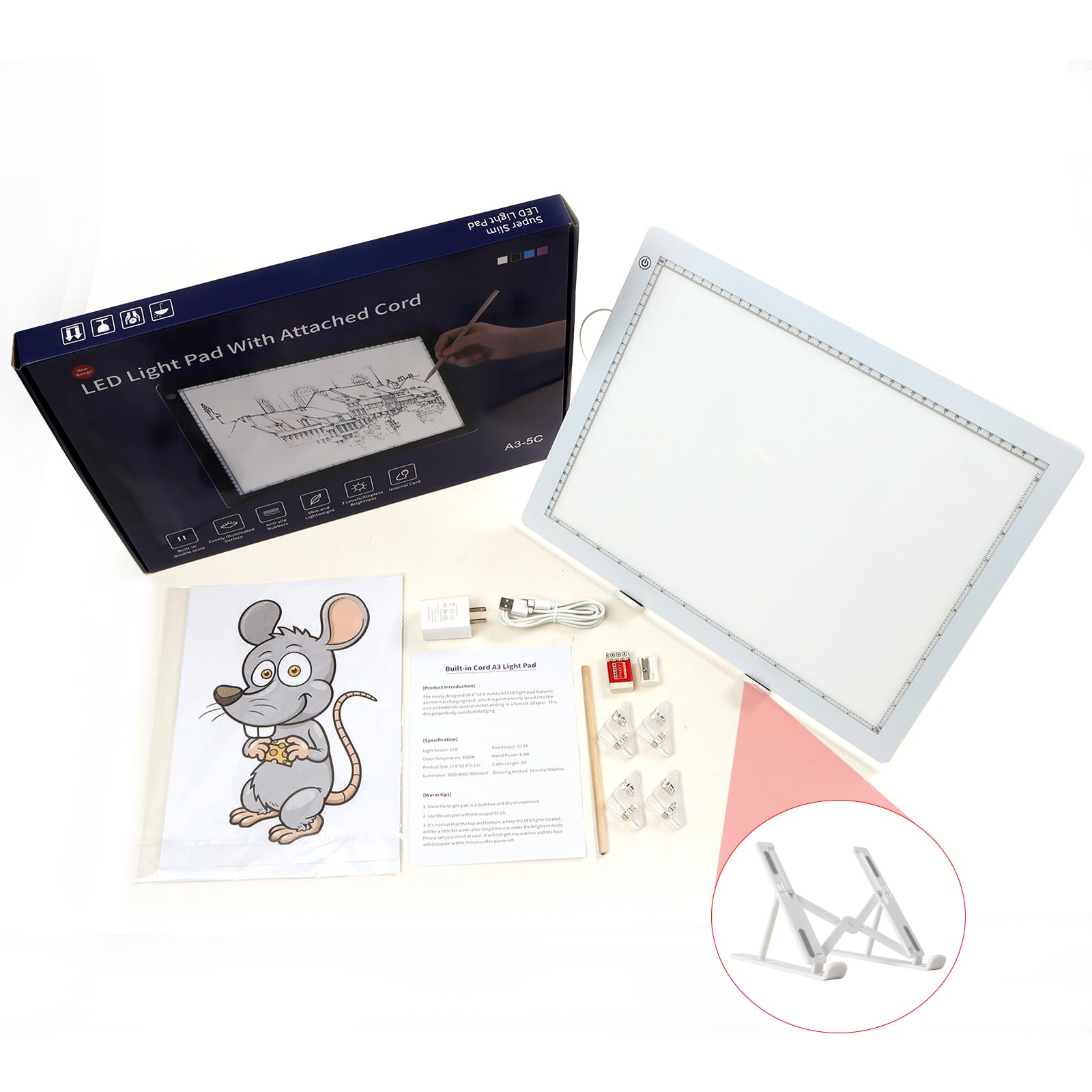 TOHETO A3 Lavagna Luminosa per Disegnare con Supporto Pieghevole, 8000 Lux Tampone Luminoso Ultra Sottile Artista LED Tracing Light Pad Board Box for Tracciamento, Disegno, Pittura Diamante - Bianco