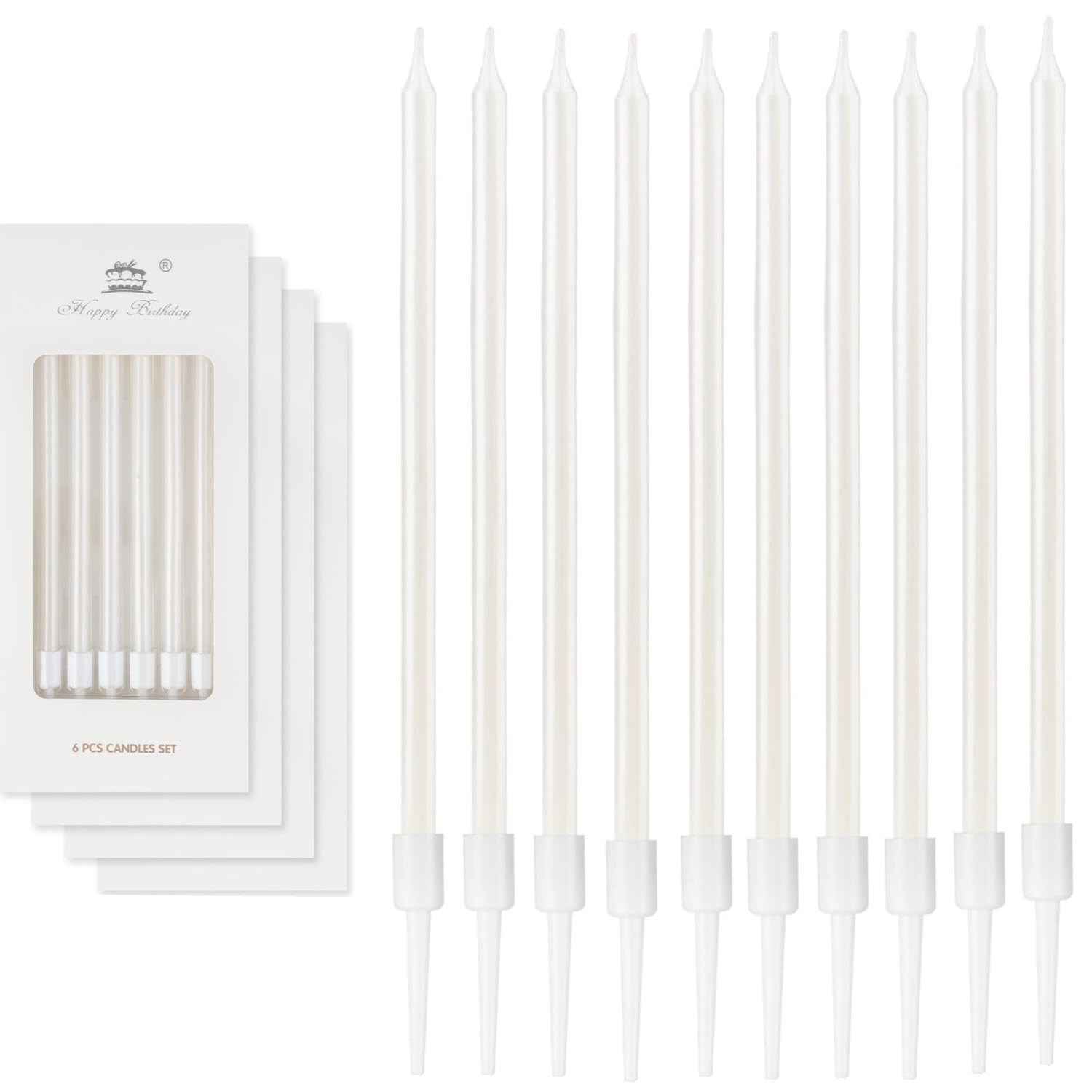 ZHAOYCSH 24-Pack Elegant White Birthday Candles - Tall Skinny Pearl & Glitter Cake Candles with Holders for Birthday Party Decorations. White Cake Candles for Wedding, Anniversary, Christening Cakes