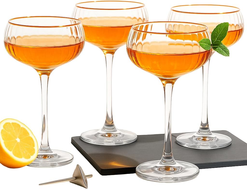 Khen Vintage Coupe Glasses Set of 4 -Premium Hand Blown Gold Rim Martini Glasses - Perfect for Cocktail, Martini and Champagne for Your Next Cocktail & Champagne Party - 9fl oz Gilded Glasses