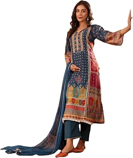Varanga Women Yoke Design Straight Kurta Set with Trouser & Dupatta | Chanderi Fabric | Round Neck | 3/4 Sleeve | Elegant Wear