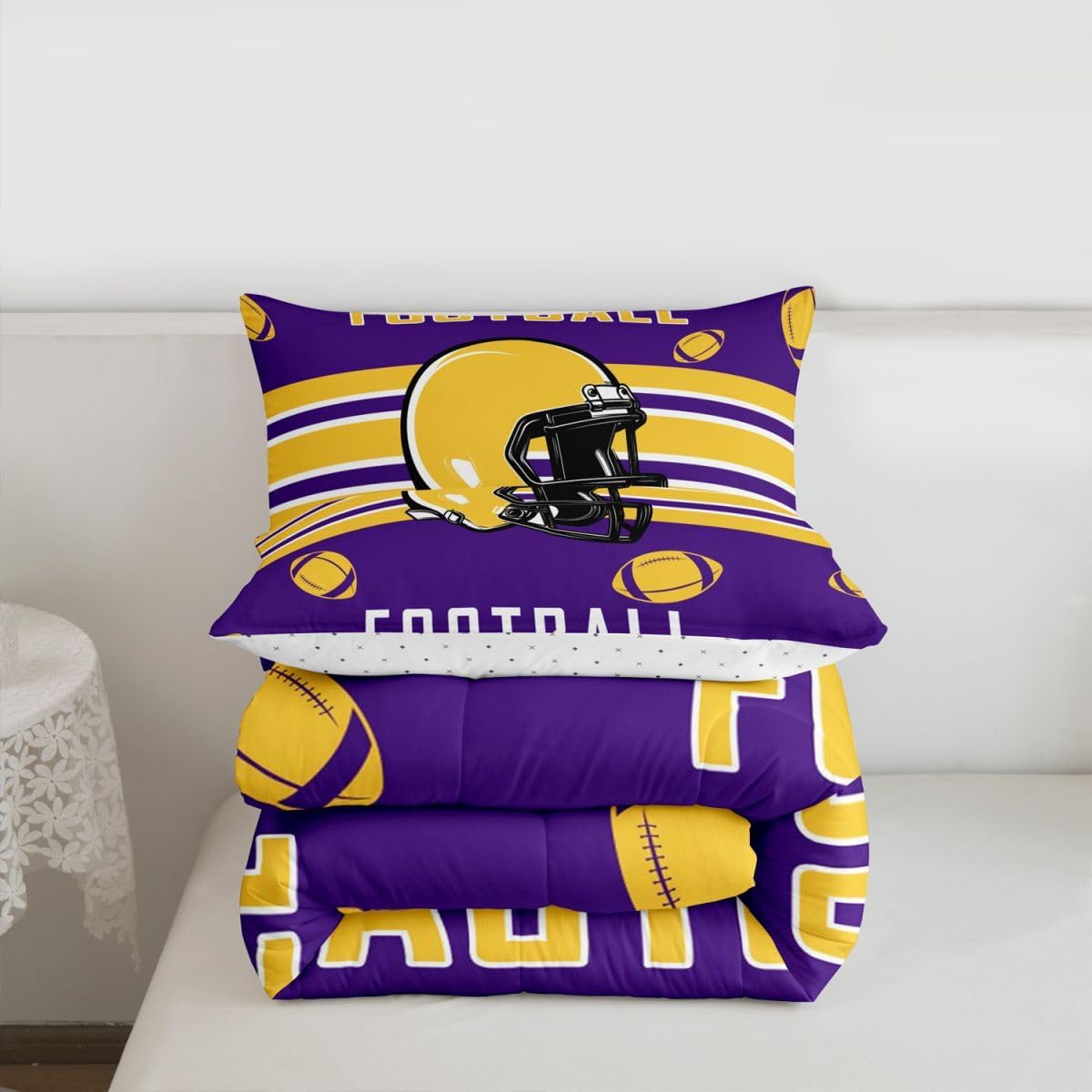 jejeloiu Football Bedding Set Boys Girls Twin Size Rugby Sports Comforter Set Women Men Football City Duvet Quilt Purple Yellow Room Decor