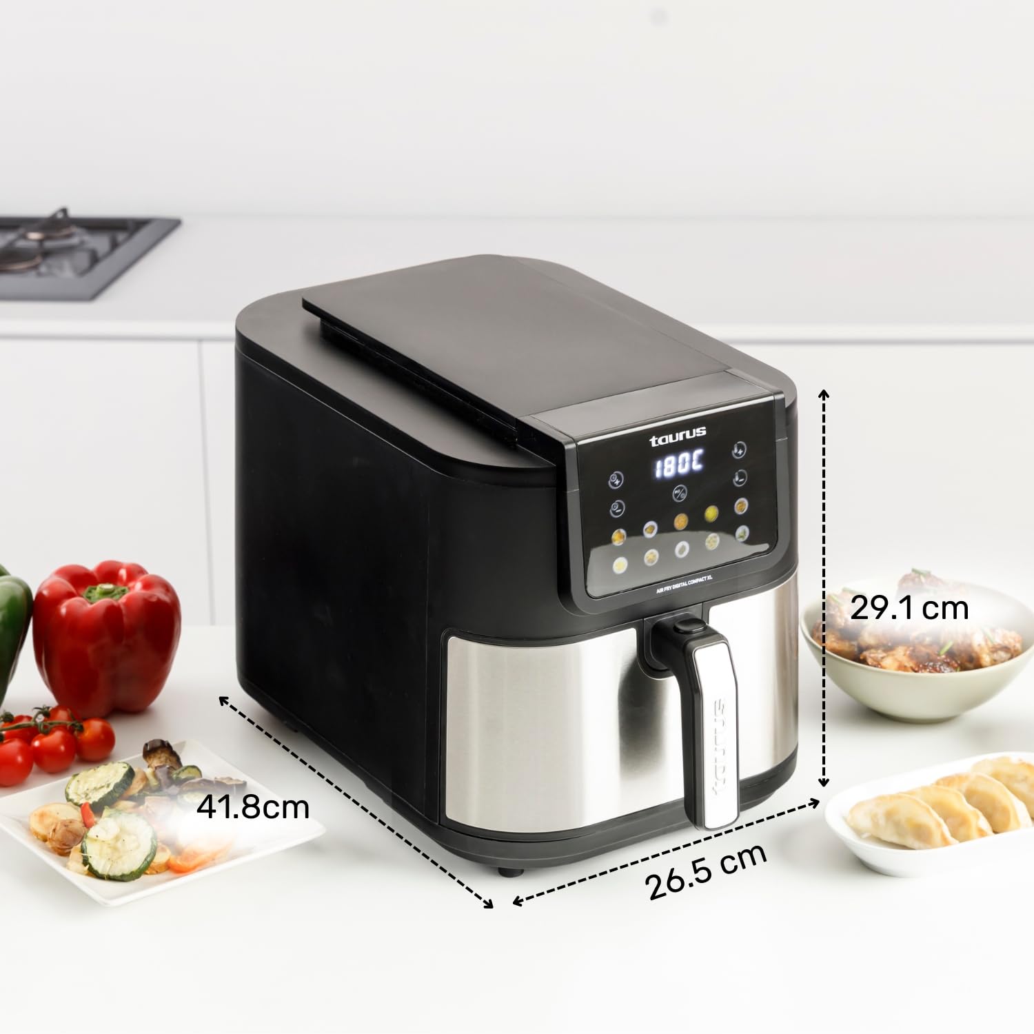 Taurus – Freidora aire Air Fry Digital Compact XL | 1700W | 8L | 8 Programas | Pantalla táctil | Avisador Acústico | Cocción Uniforme | Libre BPA y PFOA | Asa toque frío | Recetario online