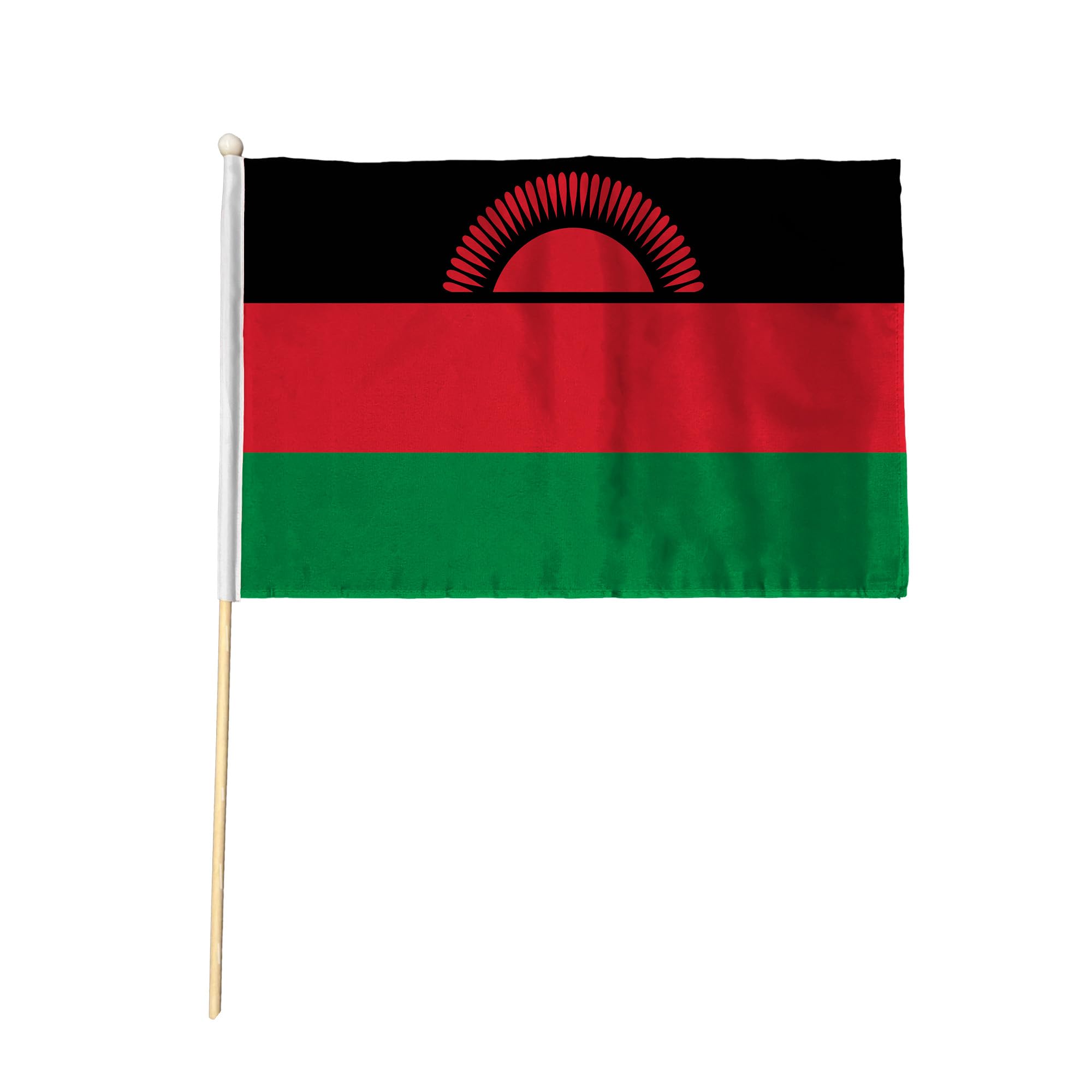 Flagtex Malawi Current Design Pack of 12 Hand Waving Flag (9x6 Inch) - Premium Wooden Stick Hand Flag Natural Wood Pole Malawian National Flag Modern Version Events Celebrations Sports