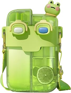 Kawaii Water Bottles with Straw, Fashion Plastic Double Drinking Water Bottle Adjustable Strap for Sports Fitness Gym Camping Water Jug Lime Green 780ml