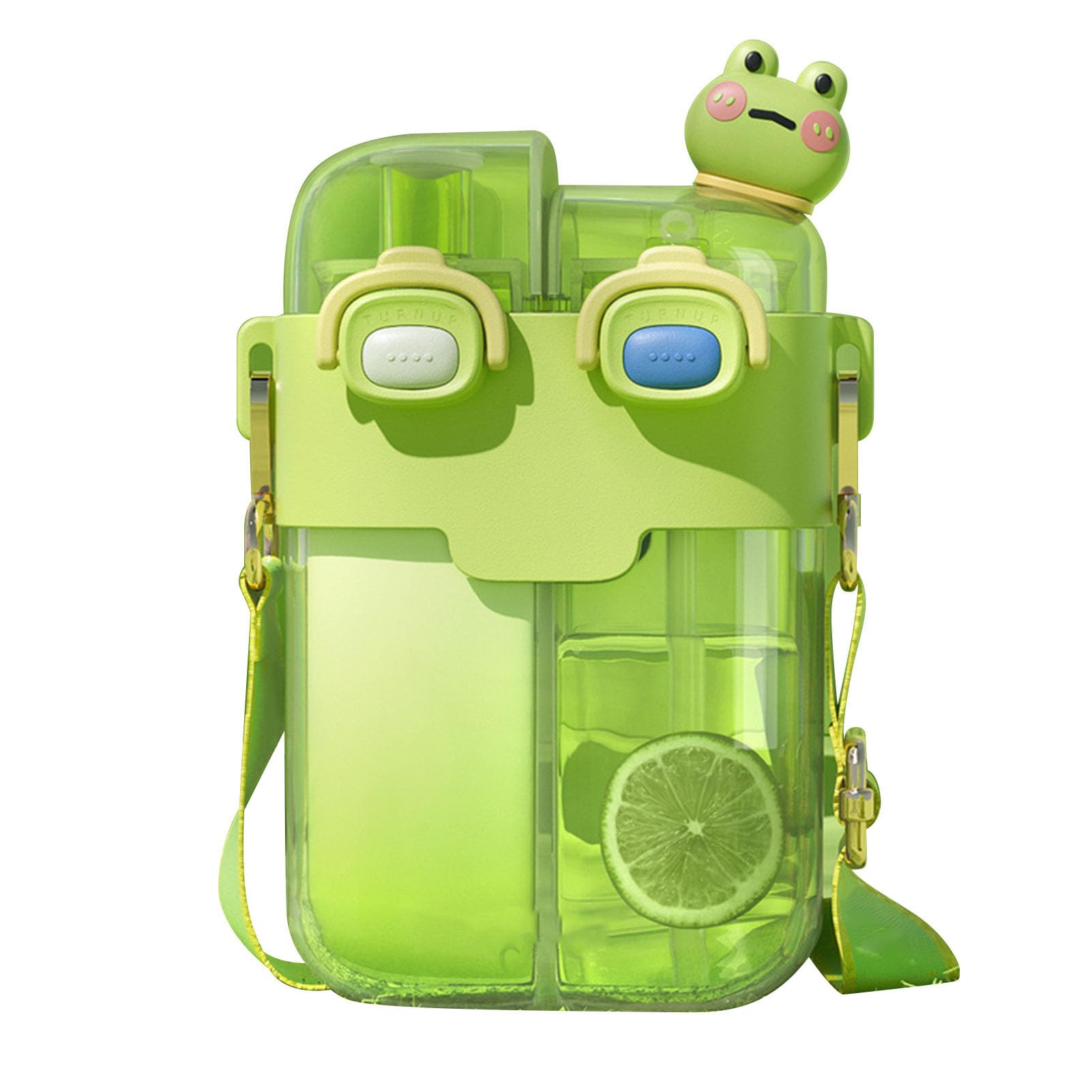 Kawaii Water Bottles with Straw, Fashion Plastic Double Drinking Water Bottle Adjustable Strap for Sports Fitness Gym Camping Water Jug (Lime Green 780ml)