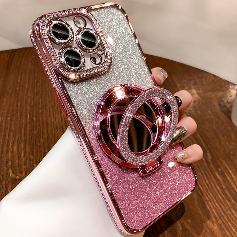 {Mirror Kickstand } Glitter Diamond Case for iPhone 16 /Pro Max /Plus, Magnetic Stand Holder ,Camera Lens Protector Compatible with Magsafe, Rhinesetone Bing Cover Case (Pink,For iPhone 16 Pro Max)