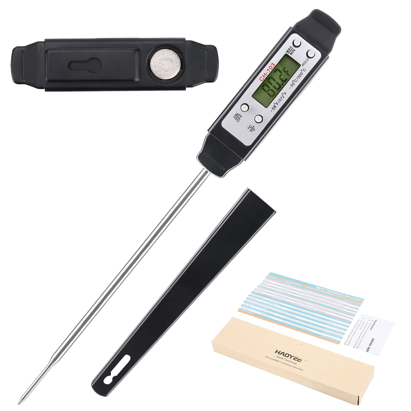 Meat Thermometer with Anti scalding Design, with Mini Pen Long Probe Instant Read Food Cooking Thermometer for Turkey, Barbecue, Cooking, Grill, Smoked Food, Coffee, Milk Black