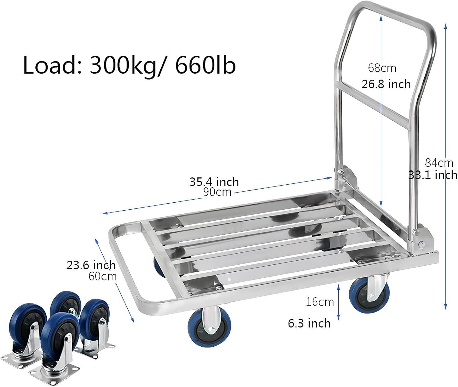 Flatbed Hand Cart Foldable Hand Truck Heavy Duty Stainless Push Cart Flatbed Trolley with Hollow Out Platform for Luggage Baggage Moving Transport Heavy Duty Flatbed Cart
